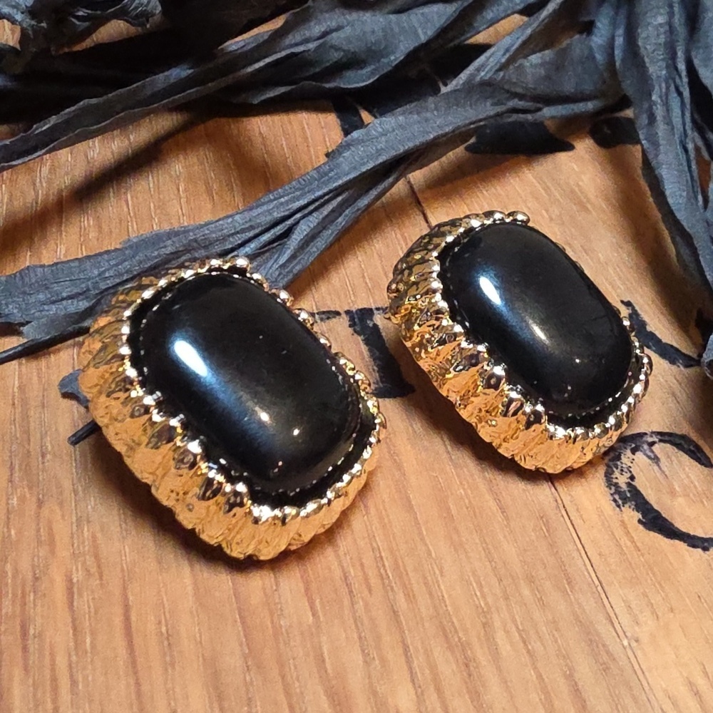 New ZARA Black Resin Stone Gold Square Sculptural Statement Earrings • NWOT